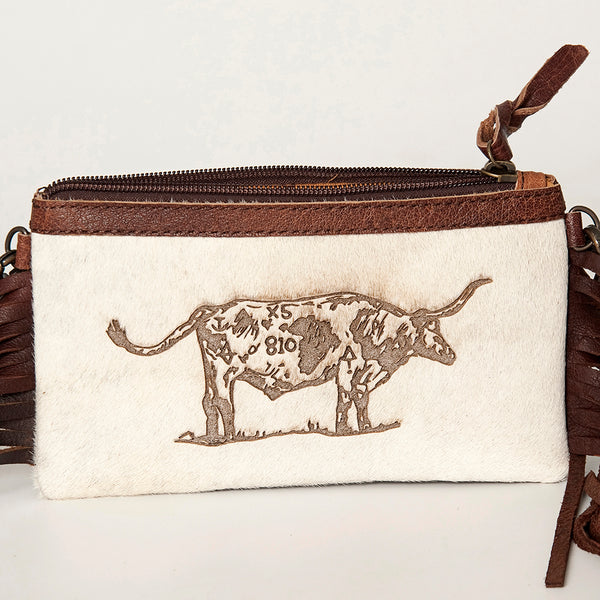 LC-ADBGS142 Western Rodeo Crossbody - Hair-On Leather Bag with Steer Wrestling Print & Fringe
