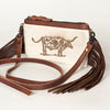 LC-ADBGS142 Western Rodeo Crossbody - Hair-On Leather Bag with Steer Wrestling Print & Fringe