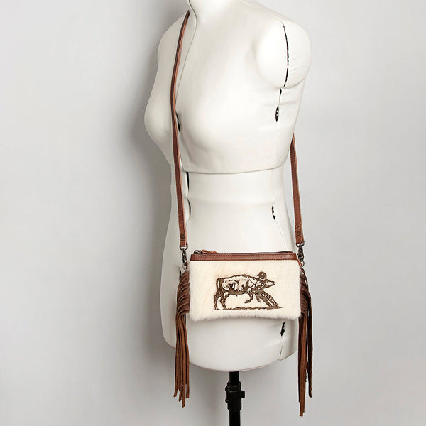 LC-ADBGS142 Western Rodeo Crossbody - Hair-On Leather Bag with Steer Wrestling Print & Fringe