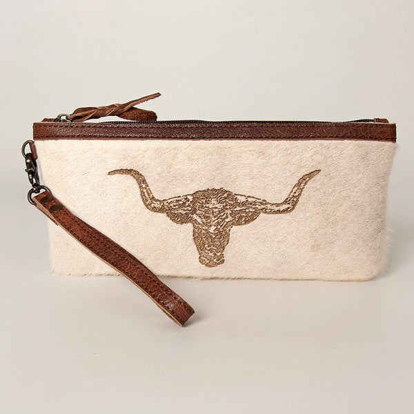 ADBG344 American Darling Western Leather Wristlet Bag in White Hair-On Cowhide