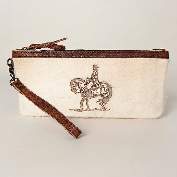 ADBG344 American Darling Western Leather Wristlet Bag in White Hair-On Cowhide
