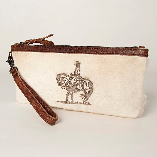 ADBG344 American Darling Western Leather Wristlet Bag in White Hair-On Cowhide