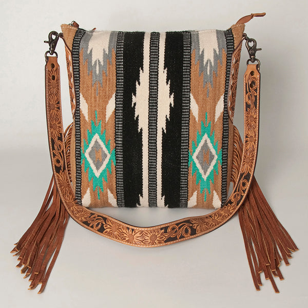 ADBG905 Southwestern Wool Blanket & Tooled Leather Strap Crossbody Bag by American Darling