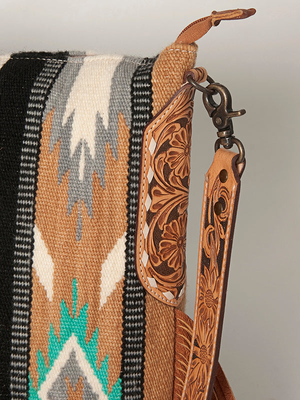 ADBG905 Southwestern Wool Blanket & Tooled Leather Strap Crossbody Bag by American Darling