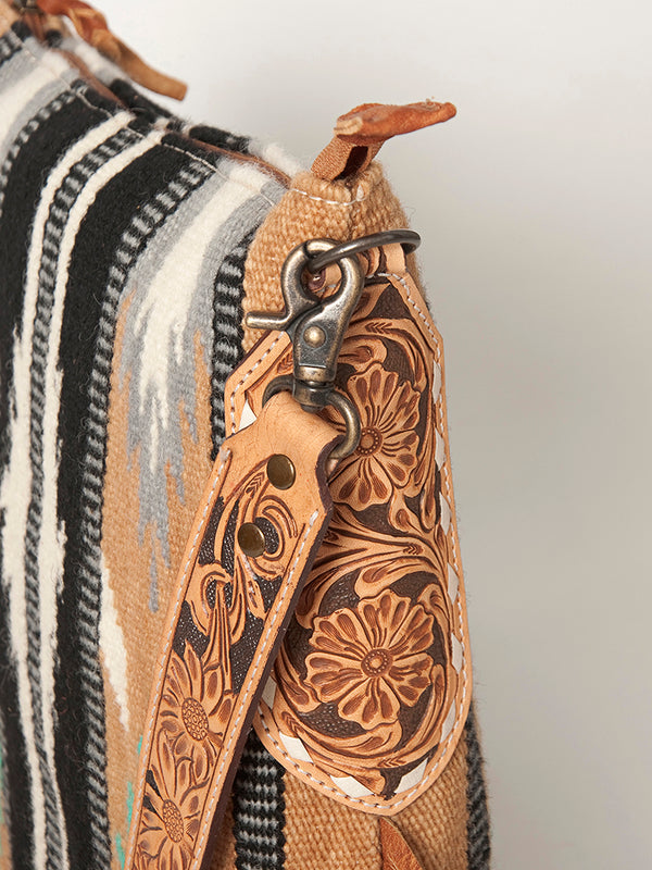 ADBG905 Southwestern Wool Blanket & Tooled Leather Strap Crossbody Bag by American Darling