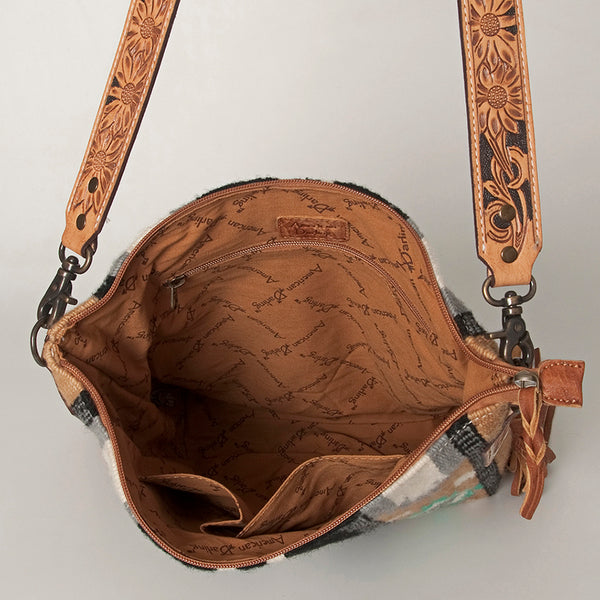 ADBG905 Southwestern Wool Blanket & Tooled Leather Strap Crossbody Bag by American Darling
