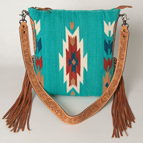 ADBG905 Southwestern Wool Blanket & Tooled Leather Strap Crossbody Bag by American Darling