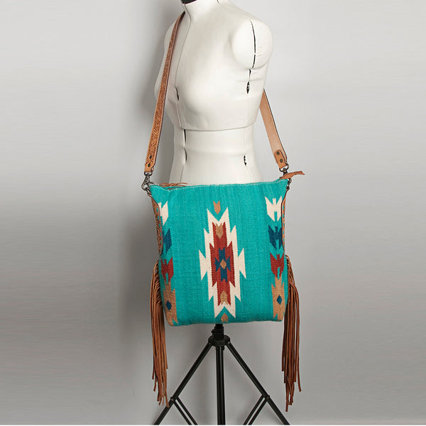 ADBG905 Southwestern Wool Blanket & Tooled Leather Strap Crossbody Bag by American Darling