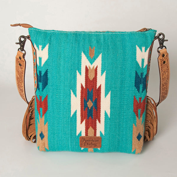 ADBG905 Southwestern Wool Blanket & Tooled Leather Strap Crossbody Bag by American Darling