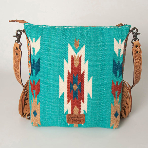 ADBG905 Southwestern Wool Blanket & Tooled Leather Strap Crossbody Bag by American Darling