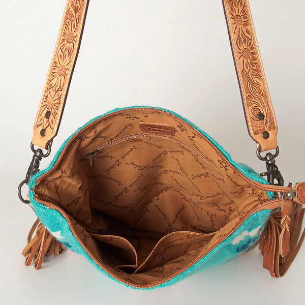 ADBG905 Southwestern Wool Blanket & Tooled Leather Strap Crossbody Bag by American Darling