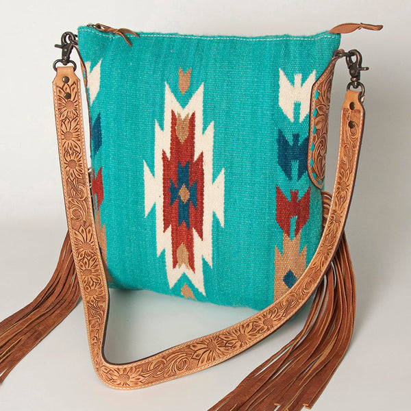 ADBG905 Southwestern Wool Blanket & Tooled Leather Strap Crossbody Bag by American Darling