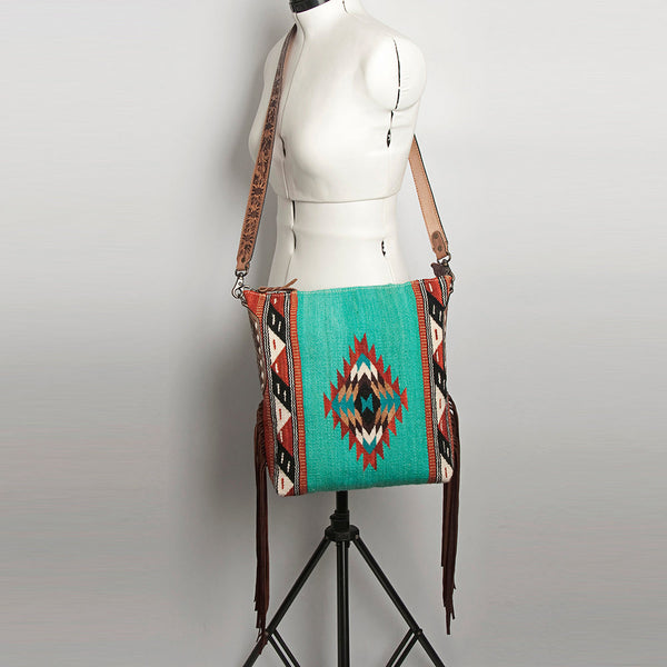 ADBG905 Southwestern Wool Blanket & Tooled Leather Strap Crossbody Bag by American Darling