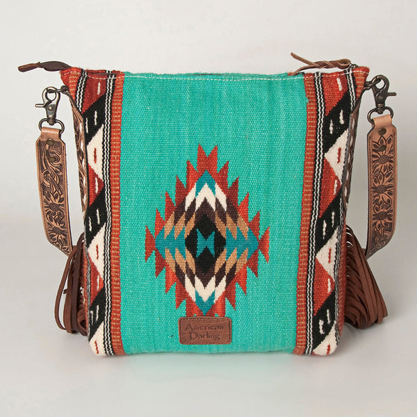 ADBG905 Southwestern Wool Blanket & Tooled Leather Strap Crossbody Bag by American Darling