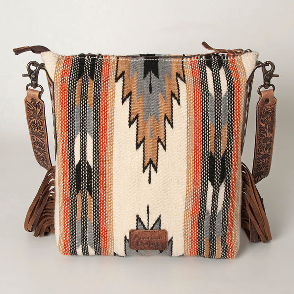 ADBG905 Southwestern Wool Blanket & Tooled Leather Strap Crossbody Bag by American Darling