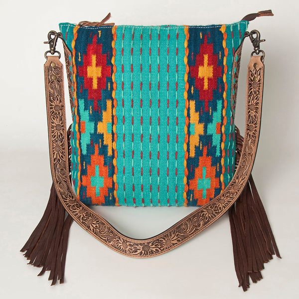 ADBG905 Southwestern Wool Blanket & Tooled Leather Strap Crossbody Bag by American Darling