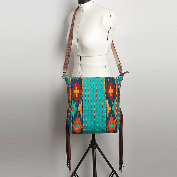 ADBG905 Southwestern Wool Blanket & Tooled Leather Strap Crossbody Bag by American Darling