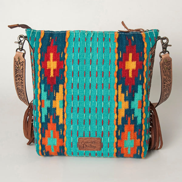 ADBG905 Southwestern Wool Blanket & Tooled Leather Strap Crossbody Bag by American Darling
