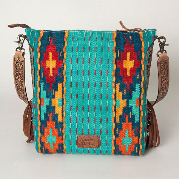 ADBG905 Southwestern Wool Blanket & Tooled Leather Strap Crossbody Bag by American Darling