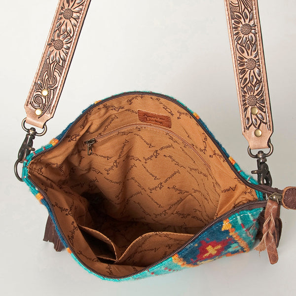 ADBG905 Southwestern Wool Blanket & Tooled Leather Strap Crossbody Bag by American Darling