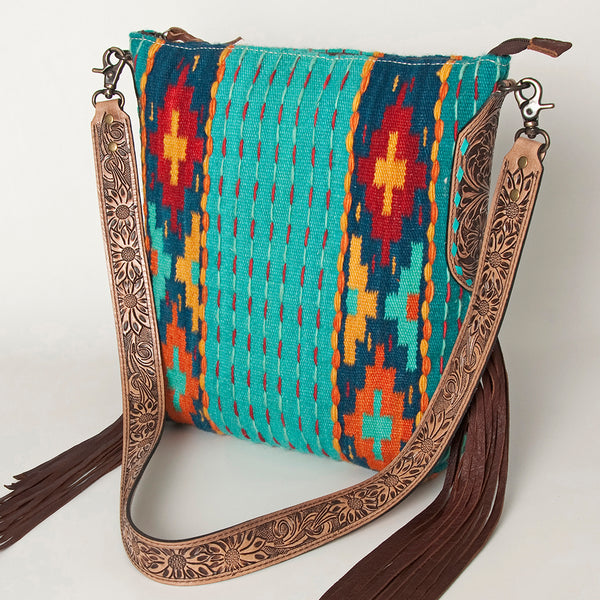 ADBG905 Southwestern Wool Blanket & Tooled Leather Strap Crossbody Bag by American Darling