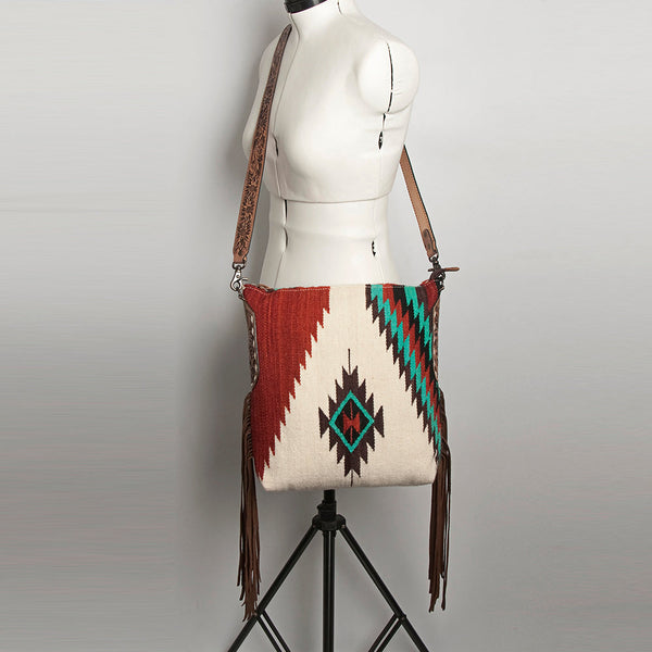 ADBG905 Southwestern Wool Blanket & Tooled Leather Strap Crossbody Bag by American Darling