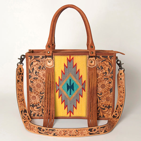 ADBG230 American Darling Hand Tooled Floral Western Leather Woven Saddle Blanket Tote Bag