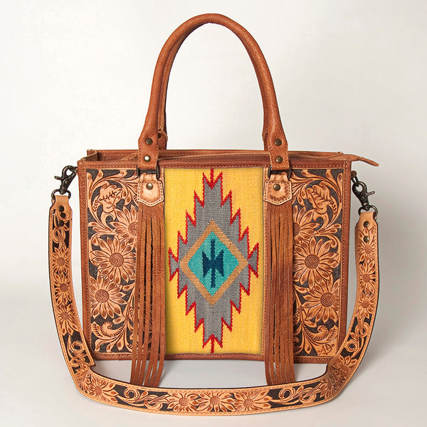 ADBG230 American Darling Hand Tooled Floral Western Leather Woven Saddle Blanket Tote Bag