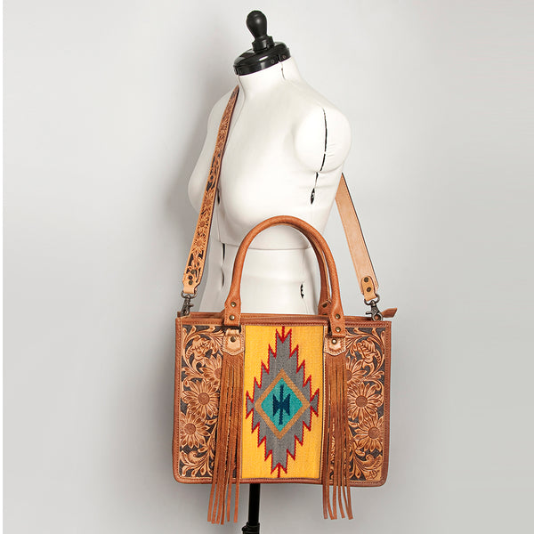 ADBG230 American Darling Hand Tooled Floral Western Leather Woven Saddle Blanket Tote Bag