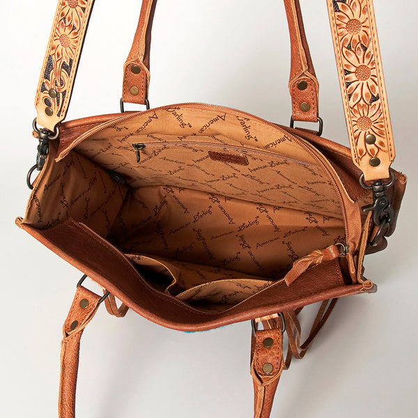ADBG230 American Darling Hand Tooled Floral Western Leather Woven Saddle Blanket Tote Bag
