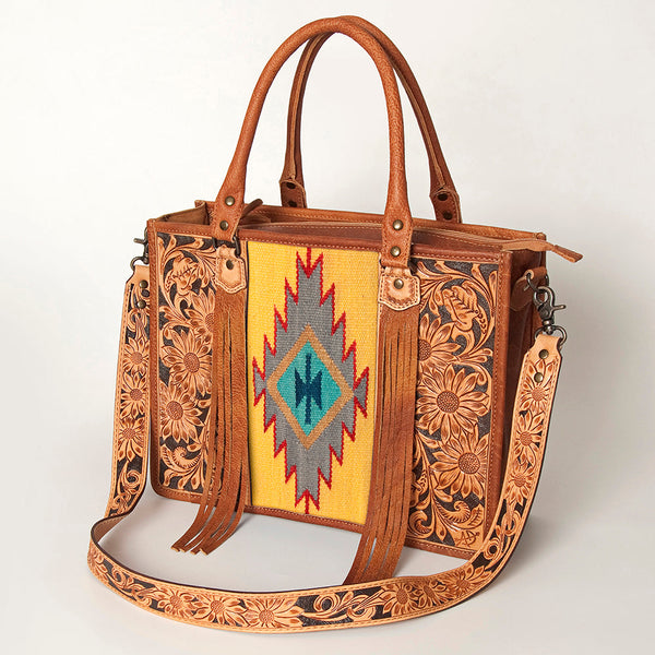 ADBG230 American Darling Hand Tooled Floral Western Leather Woven Saddle Blanket Tote Bag