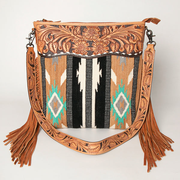ADBG510 Tooled Leather & Saddle Blanket Crossbody Bag Western Fringe Purse by American Darling