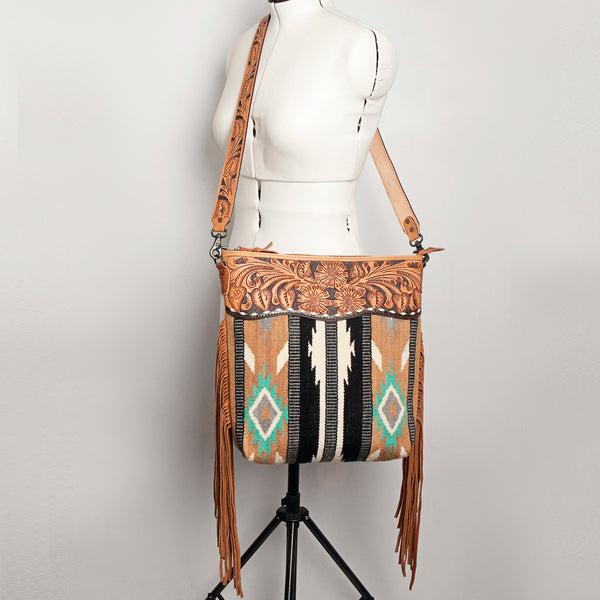 ADBG510 Tooled Leather & Saddle Blanket Crossbody Bag Western Fringe Purse by American Darling