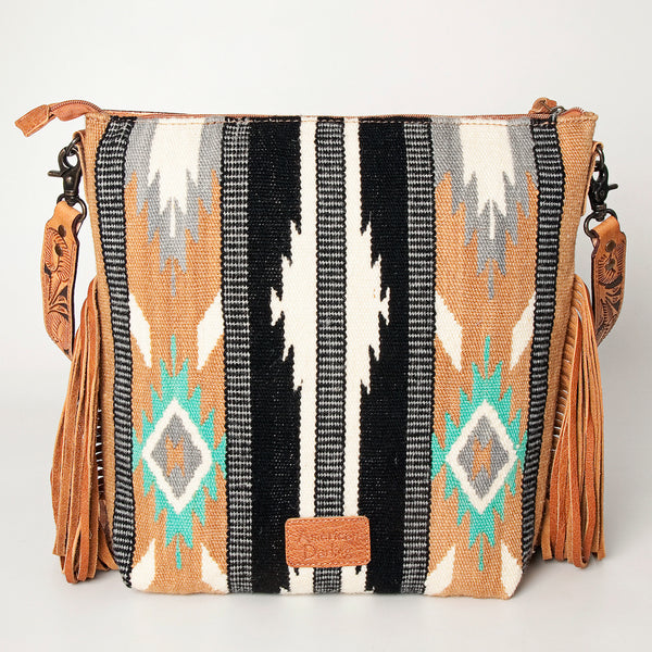 ADBG510 Tooled Leather & Saddle Blanket Crossbody Bag Western Fringe Purse by American Darling
