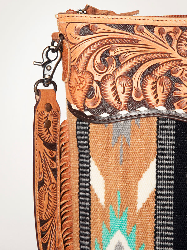 ADBG510 Tooled Leather & Saddle Blanket Crossbody Bag Western Fringe Purse by American Darling