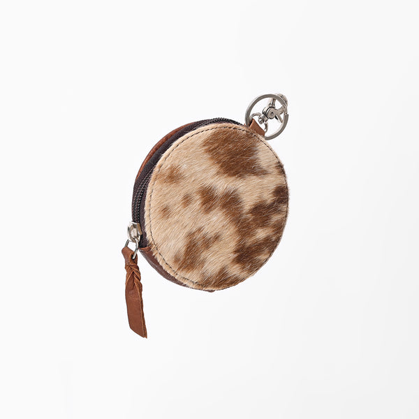ADCHM111 American Darling Genuine Leather & Hair-On-Hide Brown Round Coin Purse Bag Charm