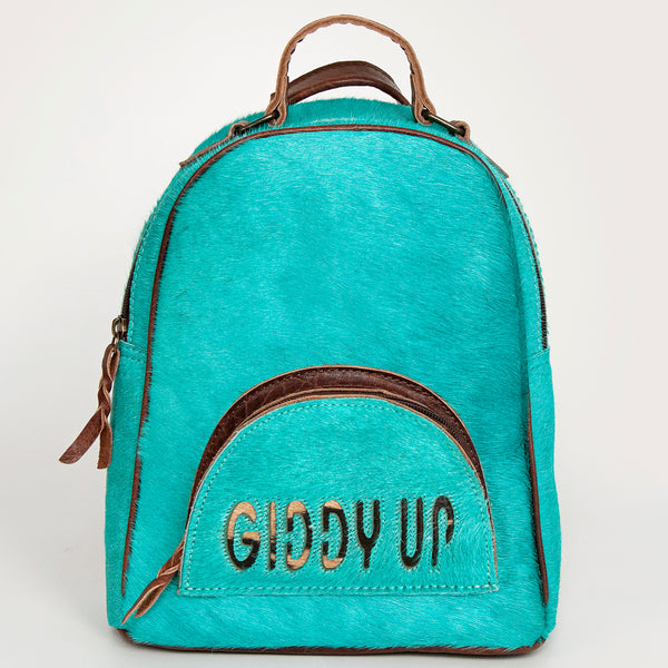 ADBGS156 Turquoise Hair-On Hide Leather Mini Backpack - Western Leather Bag