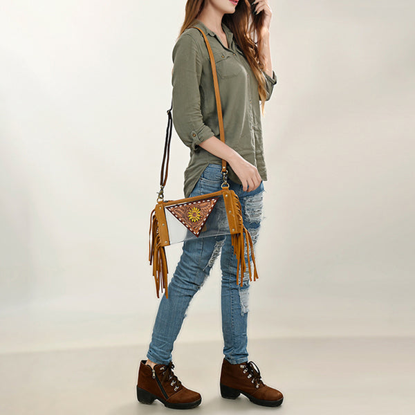 ADBGF103 American Darling Western Clear Bag - Handcrafted Leather Fringed Stadium Purse