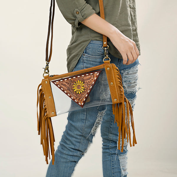 ADBGF103 American Darling Western Clear Bag - Handcrafted Leather Fringed Stadium Purse