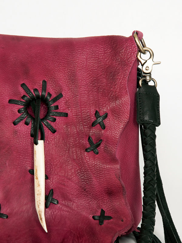 ADBGM282 Raw-Edge Tribal Leather Crossbody - Fringe, Bone Accent & Braided Strap