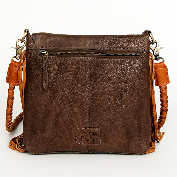 ADBGM282 Raw-Edge Tribal Leather Crossbody - Fringe, Bone Accent & Braided Strap