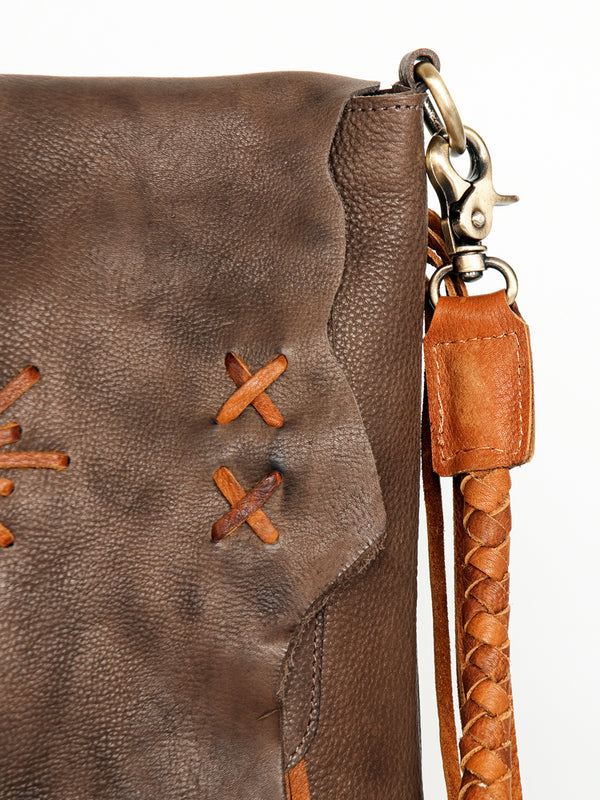 ADBGM282 Raw-Edge Tribal Leather Crossbody - Fringe, Bone Accent & Braided Strap