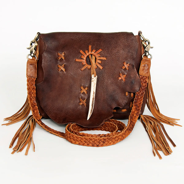 ADBGM283 Tribal Leather Crossbody - Fringe, Bone Accent & Braided Strap