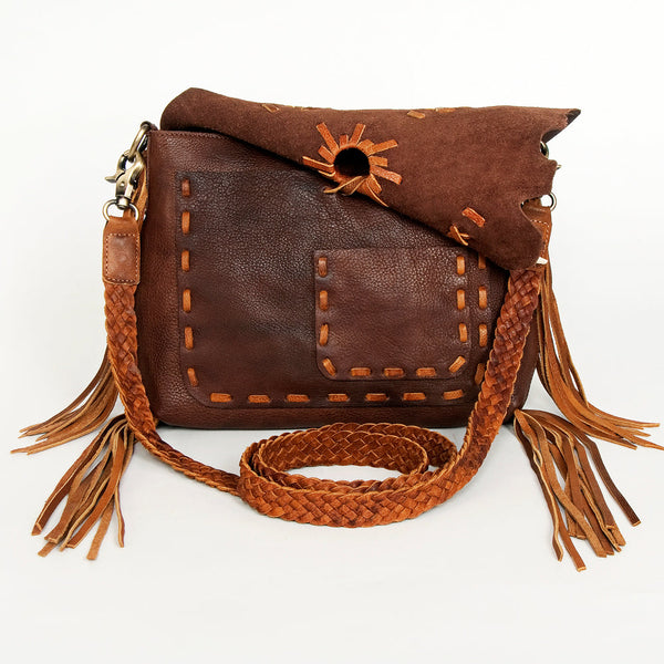 ADBGM283 Tribal Leather Crossbody - Fringe, Bone Accent & Braided Strap