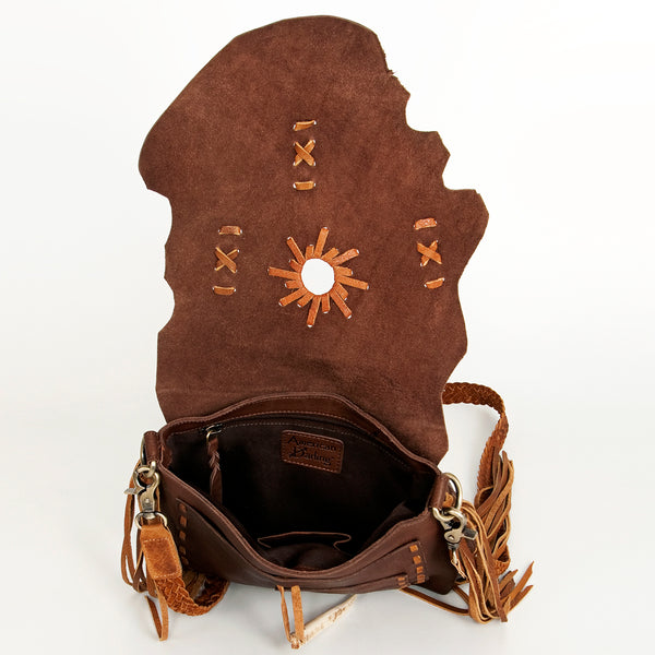 ADBGM283 Tribal Leather Crossbody - Fringe, Bone Accent & Braided Strap
