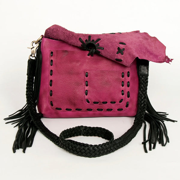 ADBGM283 Tribal Leather Crossbody - Fringe, Bone Accent & Braided Strap