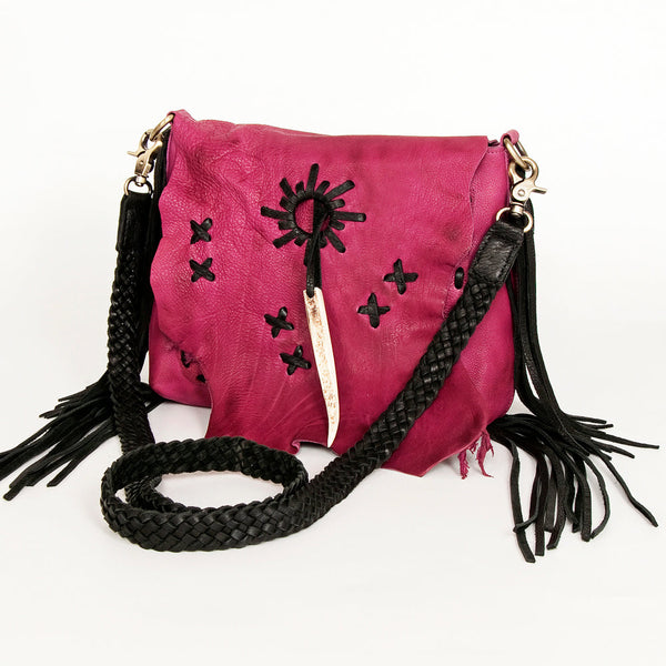 ADBGM283 Tribal Leather Crossbody - Fringe, Bone Accent & Braided Strap