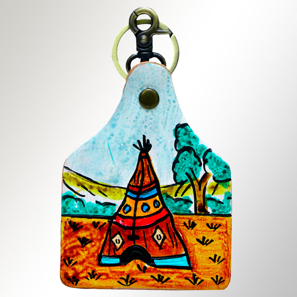 ADKRM110 Hand-Painted Tipi Leather Keyring Western Tribal Landscape Art