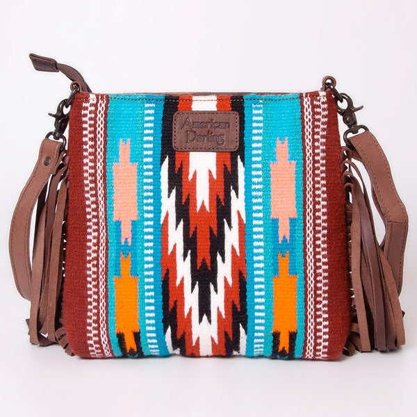 LC-ADBGZ641A Western Leather Crossbody Bag with Tooled Yoke & Turquoise Wool Pattern