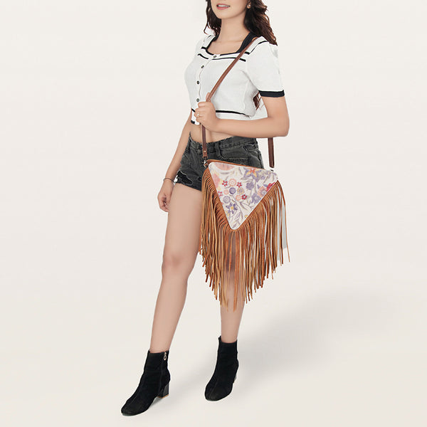 ADBG935 American Darling Western Leather Cross body Bag with Hair-On Cowhide and Long Fringes